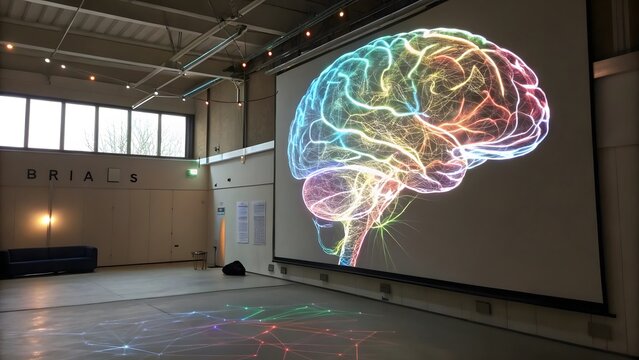 Colorful Brain Visualization Displayed on Wall in Modern Space - Powered by Adobe