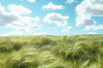Breezy wheat field under a clear blue sky with fluffy white clouds and ample copy space for text or graphics. Generative AI