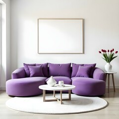 A modern living room featuring a curved purple sofa, a round coffee table with decorative items, and a marble side table with a vase of tulips. A blank framed picture hangs on the wall,