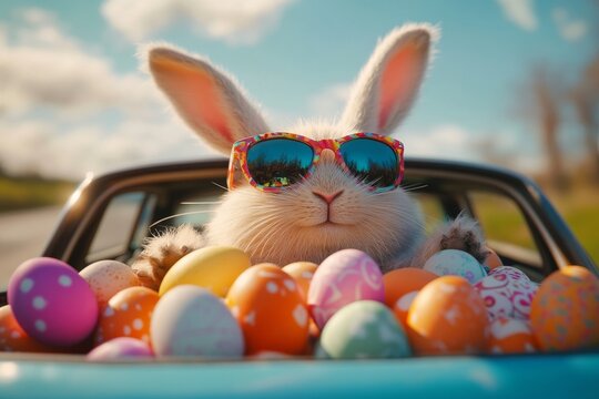 Cool rabbit wearing sunglasses, surrounded by colorful eggs, enjoys a sunny day in a vintage car outdoors
