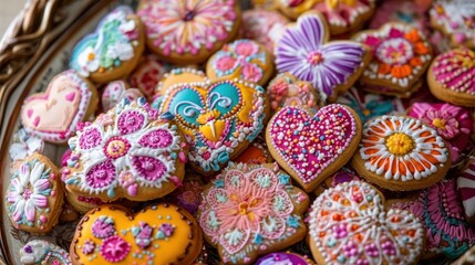 A vibrant assortment of Valentine cookies with floral patterns, presented on a decorative tray