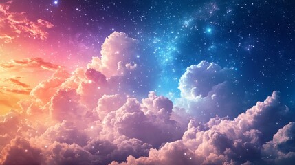 Vibrant colorful sky filled sparkling stars and fluffy clouds in soft pastel tones creating a magical celestial landscape with a serene and peaceful atmosphere of wonder