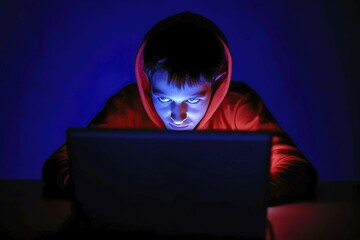 A teenager about 13 years old sits at his laptop at night, face illuminated by the display of the laptop, malicious look, AI generated