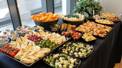 Variety of colorful appetizers displayed on a table for a gathering at a modern venue