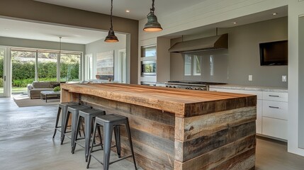 A kitchen island made of reclaimed wood with eco-friendly barstools.