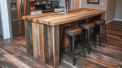 A kitchen island made of reclaimed wood with eco-friendly barstools.