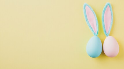 Colorful Easter eggs with bunny ears placed on a bright yellow background for festive decorations during spring