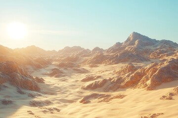 Naklejka premium Golden dunes stretch across a tranquil desert landscape under a clear sky at sunset. Generative AI