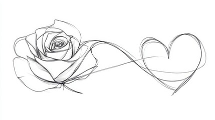 A minimalistic line art of a rose intertwined with a heart, elegant black and white sketch, isolated on white background. 