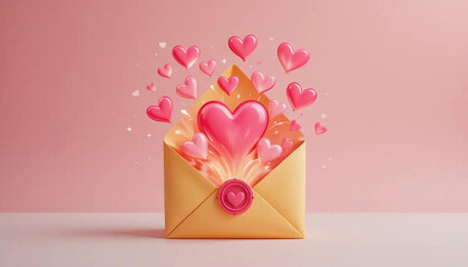 A playful cartoon-style envelope with glowing pink hearts floating out.