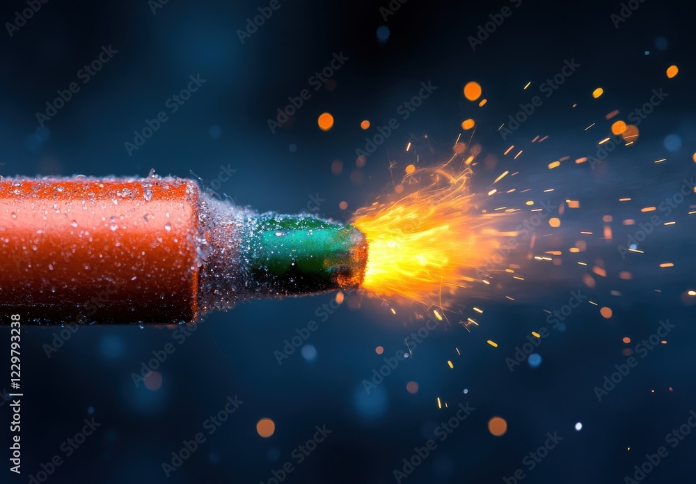 Aufkleber close-up view of an orange marker pen with bright flame and sparks emanating from the tip in a dark 