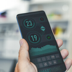 Smart home application on smartphone. Domotic, technology automation, remote control system concept.