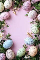 Colorful easter eggs surrounded by flowers and greenery on a light pink background for spring celebration