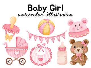 Fototapeta premium Watercolor Baby Girl Elements Set - Hand-Painted Pink Theme with Stroller, Toys, and Accessories