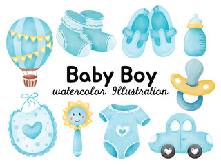 Watercolor Baby Boy Illustration - Hand-Painted Blue Themed Baby Shower Clipart with Shoes, Bottle, Onesie, and Pacifier
