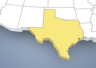 Map of Texas, TX, USA, United States of America, contour, 3D illustration, North America
