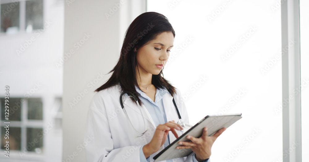 Canvas Prints Healthcare, serious and doctor with tablet, hospital and woman with diagnosis for cure and browsing. Clinic, medical professional and person with app for prescription, online and research for info