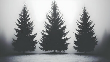 Foggy forest, three pines, winter scene, nature postcard