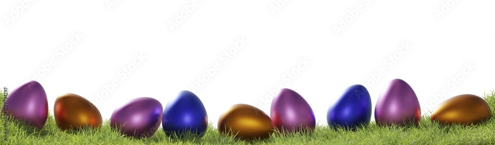 Poster many colorful easter eggs in a row on grass on a white background using as header, easter concept, 3