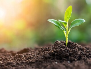 Small green plant sprouting from dark soil in a natural environment