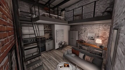 A loft apartment with an open concept, minimal furniture, and efficient storage.
