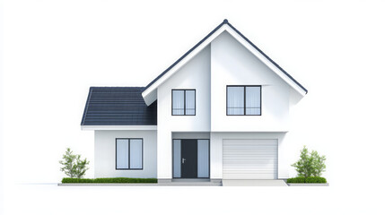 minimalist illustration of newly constructed house with modern design, featuring sloped roof, large windows, and garage. clean lines and greenery create serene atmosphere