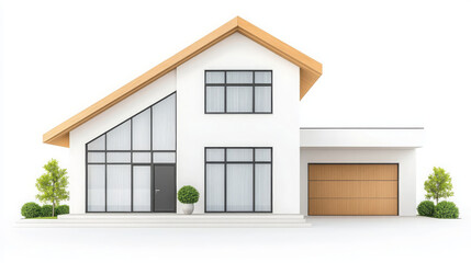 minimalist illustration of newly constructed house with modern design, featuring large windows, wooden roof, and garage. surrounding greenery adds touch of nature