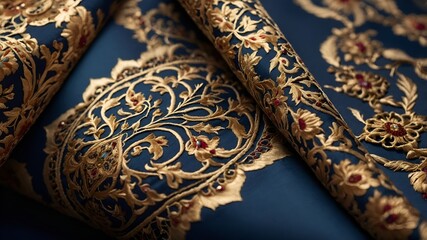 A beautifully designed fabric featuring intricate Middle Eastern ornaments, rich with geometric patterns, arabesque motifs, and delicate floral elements