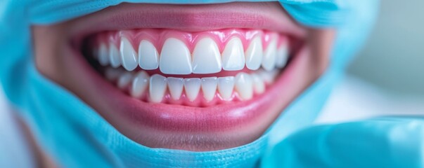 Naklejka premium Woman with white teeth wearing blue gloves smiling in a dental office setting