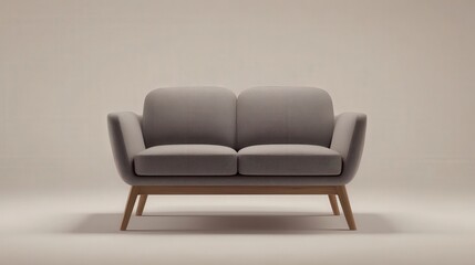A modern, minimalist two-seater sofa with a wooden frame and grey upholstery, featuring two seat cushions, two back cushions, and two side cushions, set against a plain white background.