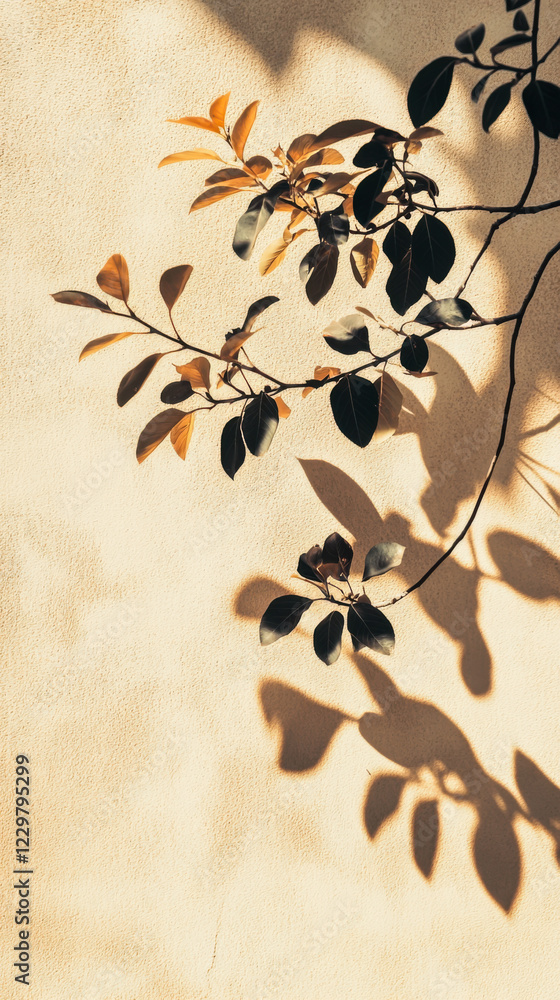 Poster shadows of leaves create intricate patterns on a textured wall in warm afternoon light