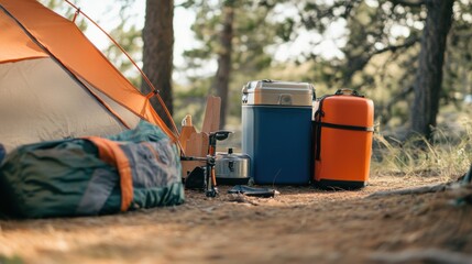 Well-organized camping tools in a forest setting, emphasizing preparation and convenience. Ideal for outdoor and camping content.
