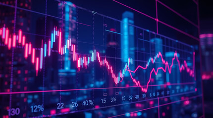 Naklejka premium Glowing Stock Market Trends Displayed Against a Vibrant City at Night