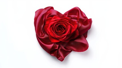 Fototapeta premium A red silk ribbon forming a heart shape with a rose at its center, elegant love symbol, photorealistic, isolated on white background