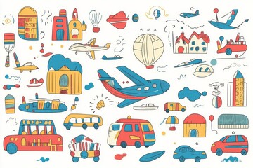 Fototapeta premium Colorful Doodle Transportation Illustrations
