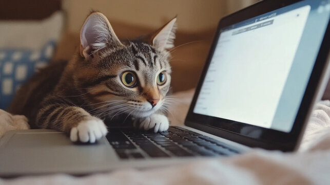 Team members connect online via a laptop during a virtual meeting while a curious cat observes the interaction - Powered by Adobe