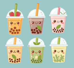 Set of different Bubble Tea or Drinks Isolated illustration.