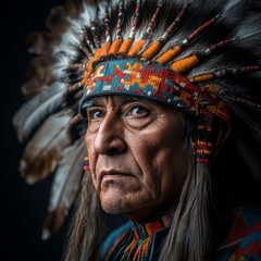 Obraz premium Traditional chief wearing an intricate feathered headdress. Ideal for cultural, historical, or artistic projects celebrating heritage and craftsmanship.