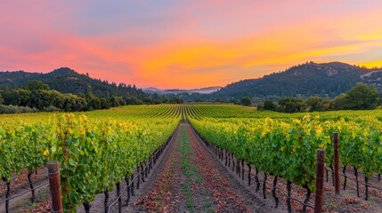 Fototapeta premium A picturesque vineyard at sunset, showcasing rows of grapevines under a colorful sky, framed by rolling hills.