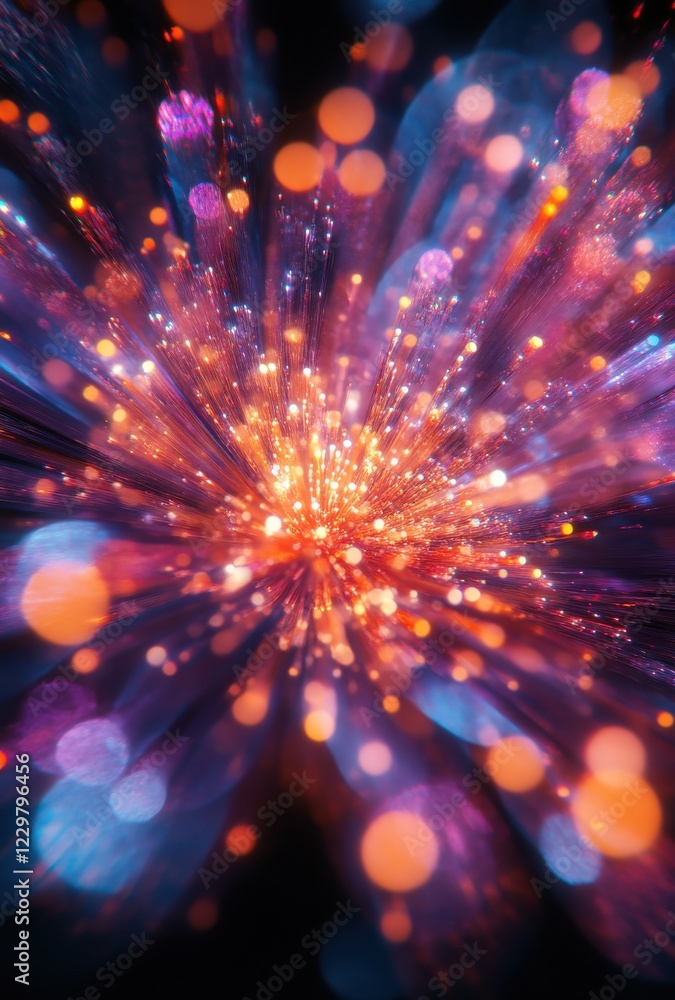 Poster colorful abstract light burst with blurred glowing particles creating a vibrant, dynamic visual effe