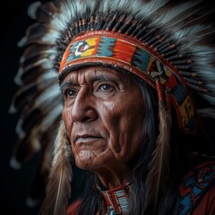 Obraz premium Traditional chief wearing an intricate feathered headdress. Ideal for cultural, historical, or artistic projects celebrating heritage and craftsmanship.