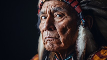 Traditional chief wearing an intricate feathered headdress. Ideal for cultural, historical, or artistic projects celebrating heritage and craftsmanship.