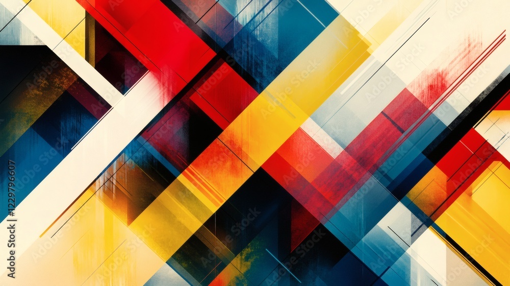 Poster vibrant diagonal lines shades of red blue and yellow crisscross over a geometric background creating