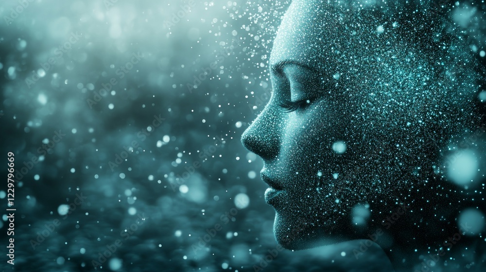 Poster digital face profile with particles and space background, artificial intelligence concept