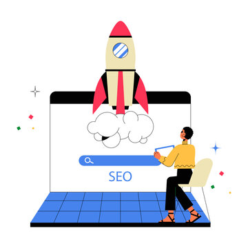 SEO Optimization And Website Ranking With Rocket Launch In Flat Vector Illustration Symbolizing Digital Marketing, Search Engine Growth, And Online Visibility, Isolated On White Background