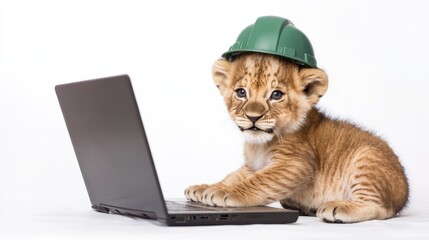 A playful lion cub wearing a green hard hat types on a laptop, blending cuteness with a construction theme.