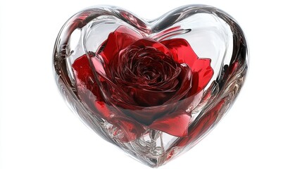 A transparent glass heart encasing a blooming red rose, surreal digital art, high realism, isolated on white background.