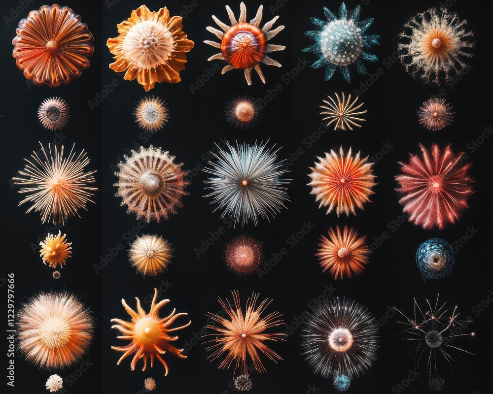 Poster colorful and intricate microorganisms displayed against a dark background showcasing natural texture