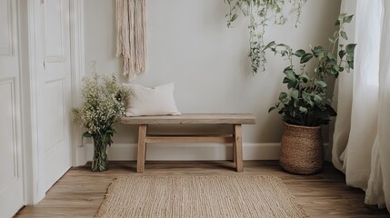A minimalist entryway with a reclaimed wood bench and a woven jute rug.