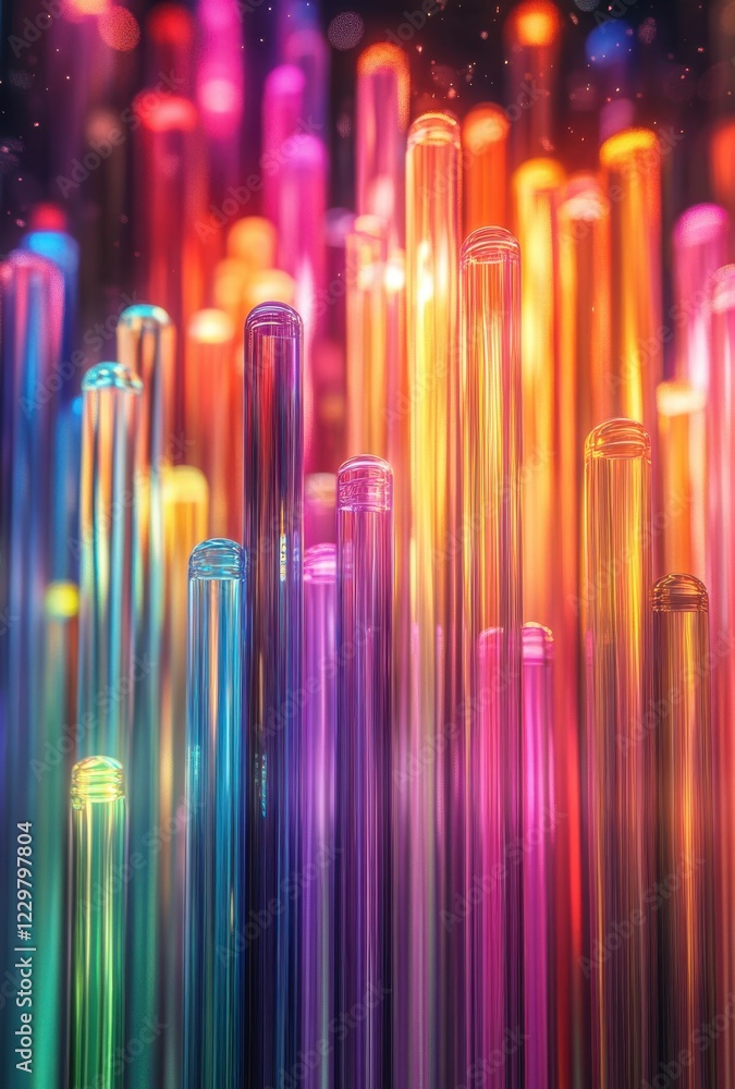 Poster Colorful and Vibrant Abstract Composition of Light Reflections and Patterned Tubes Creating a Stunning Visual Display in a Darkened Environment